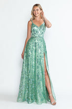 Load image into Gallery viewer, LA Merchandise LAF8235 Glitter Floral A-Line Evening Gown with Slit–Spaghetti Straps &amp; Sweetheart Neckline