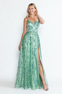 LA Merchandise LAF8235 Glitter Floral A-Line Evening Gown with Slit–Spaghetti Straps & Sweetheart Neckline