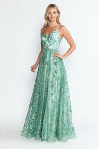 LA Merchandise LAF8235 Glitter Floral A-Line Evening Gown with Slit–Spaghetti Straps & Sweetheart Neckline