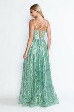 Load image into Gallery viewer, LA Merchandise LAF8235 Glitter Floral A-Line Evening Gown with Slit–Spaghetti Straps &amp; Sweetheart Neckline