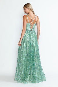LA Merchandise LAF8235 Glitter Floral A-Line Evening Gown with Slit–Spaghetti Straps & Sweetheart Neckline