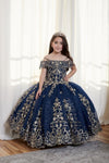 Load image into Gallery viewer, LA Merchandise LAZKY230 Girls Embroidered Cold Shoulder Floor-Length A-Line Gown - Navy - Girls Formal Dresses LAZ