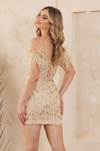 Load image into Gallery viewer, LA Merchandise LAXL789 Feather Off Shoulder Sheer Mini Prom Dress - - LA Merchandise