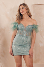 Load image into Gallery viewer, LA Merchandise LAXL789 Feather Off Shoulder Sheer Mini Prom Dress - DUSTY SAGE - LA Merchandise