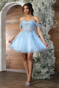LA Merchandise LA2080 Leafy Pattern Tulle Off- Shoulder Dama Dress - BABY BLUE - Dress LA Merchandise