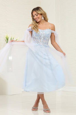LA Merchandise LA2089 Sheer Bodice Tea Length Semi Formal Dress - BABY BLUE - Dress LA Merchandise