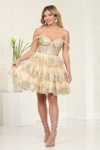 LA Merchandise LA2094 Glitter Off-Shoulder Ruffle Cocktail Dress - CHAMPAGNE GOLD - Dress LA Merchandise