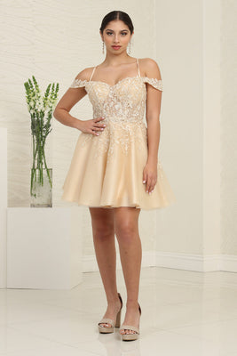 LA Merchandise LA2099 Lace Appliqued Short A-line Homecoming Dress - CHAMPAGNE - Dress LA Merchandise