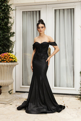 LA Merchandise LA2104 Off-Shoulder Embroidered Long Prom Gown