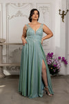 Load image into Gallery viewer, Wholesale Evening Dress Plunging V-Neck High Slit By LA2137 - SAGE - Dress LA Merchandise