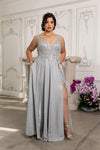 Load image into Gallery viewer, Wholesale Plunging V-Neck High Slit Plus Size Evening Dress By LA2137B - SILVER - Dress LA Merchandise