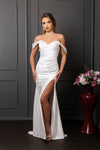 Load image into Gallery viewer, Wholesale Off-Shoulder Ruched Satin Sheath Wedding Dress with High Slit Bridal Gown by LA2138