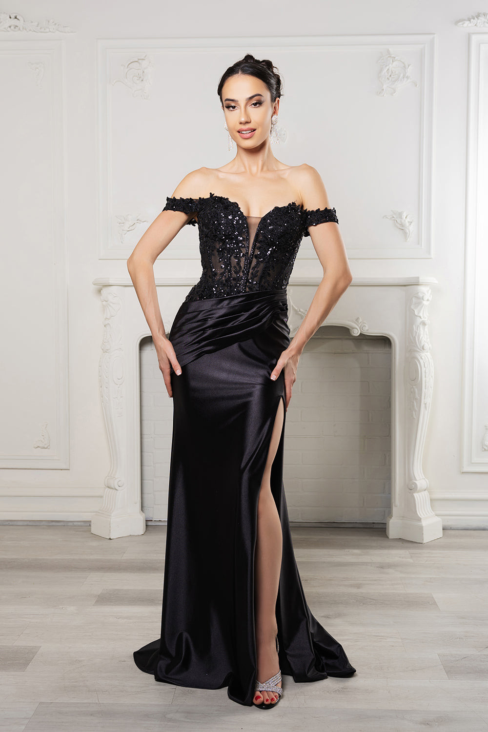 Wholesale Long Formal Dress Off The Shoulder Sequin High Slit Gown By LA2157