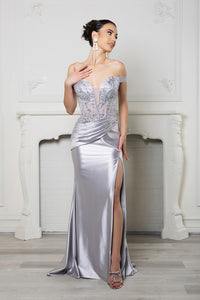 Wholesale Long Formal Dress Off The Shoulder Sequin High Slit Gown By LA2157
