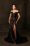 Load image into Gallery viewer, LA Merchandise LA2158 Off-Shoulder Embroidered High Slit Evening Gown with Train - BLACK NUDE - Prom Dress LA Merchandise