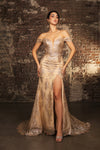 Load image into Gallery viewer, LA Merchandise LA2158 Off-Shoulder Embroidered High Slit Evening Gown with Train - GOLD - Prom Dress LA Merchandise