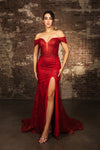 Load image into Gallery viewer, LA Merchandise LA2158 Off-Shoulder Embroidered High Slit Evening Gown with Train - RED - Prom Dress LA Merchandise