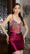 Load image into Gallery viewer, Wholesale Satin Mini Dress with Sheer Corset &amp; Sequin Detail Lace-Up Back By LA2169