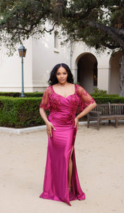 Wholesale Satin Evening Gown with Beaded Lace Overlay & Slit Plus-Size Mother Of The Bride Dress By LA2173B