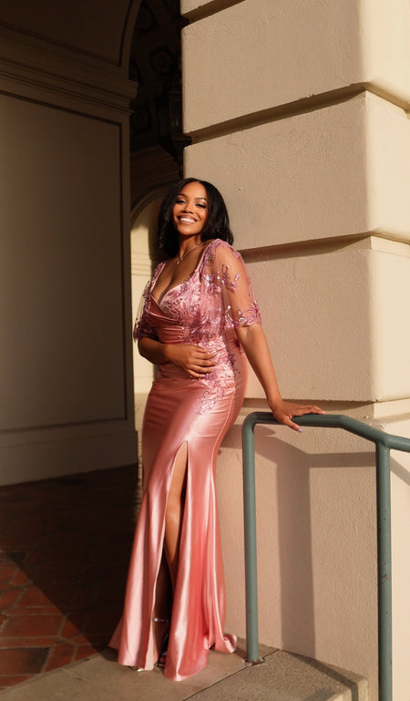 Wholesale Satin Evening Gown with Beaded Lace Overlay & Slit Plus-Size Mother Of The Bride Dress By LA2173B