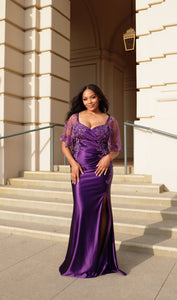 Wholesale Satin Evening Gown with Beaded Lace Overlay & Slit Plus-Size Mother Of The Bride Dress By LA2173B