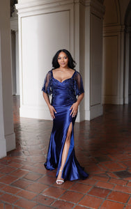 Wholesale Satin Evening Gown with Beaded Lace Overlay & Slit Plus-Size Mother Of The Bride Dress By LA2173B
