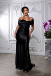 Load image into Gallery viewer, Wholesale Off Shoulder Satin Mermaid Evening Gown with Beaded Lace Appliqué by LA2174 - BLACK - Bridesmaids Dress LA Merchandise