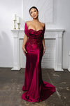 Load image into Gallery viewer, Wholesale Off Shoulder Satin Mermaid Evening Gown with Beaded Lace Appliqué by LA2174 - BURGUNDY - Bridesmaids Dress LA Merchandise