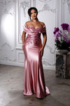 Load image into Gallery viewer, Wholesale Off Shoulder Satin Mermaid Evening Gown with Beaded Lace Appliqué by LA2174 - DUSTYROSE - Bridesmaids Dress LA Merchandise