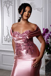 Load image into Gallery viewer, Wholesale Plus Size Satin Bridemaids Dress with Lace Appliqué &amp; Sweep Train Gown by LA2174B - - Bridemaids Dress LA Merchandise