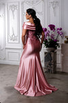 Load image into Gallery viewer, Wholesale Off Shoulder Satin Mermaid Evening Gown with Beaded Lace Appliqué by LA2174 - - Bridesmaids Dress LA Merchandise