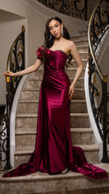 Load image into Gallery viewer, Wholesale Satin Off-Shoulder Evening Gown with Floral Appliqué &amp; Draped Train Formal Dress By LA2175