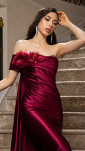 Load image into Gallery viewer, Wholesale Satin Off-Shoulder Evening Gown with Floral Appliqué &amp; Draped Train Formal Dress By LA2175