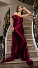 Load image into Gallery viewer, Wholesale Satin Off-Shoulder Evening Gown with Floral Appliqué &amp; Draped Train Formal Dress By LA2175