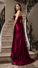 Load image into Gallery viewer, Wholesale Satin Off-Shoulder Evening Gown with Floral Appliqué &amp; Draped Train Formal Dress By LA2175