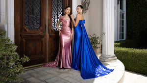 Wholesale Satin Off-Shoulder Evening Gown with Floral Appliqué & Draped Train Formal Dress By LA2175