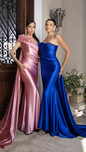 Load image into Gallery viewer, Wholesale Satin Off-Shoulder Evening Gown with Floral Appliqué &amp; Draped Train Formal Dress By LA2175