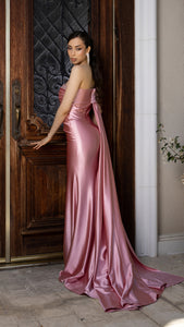 Wholesale Satin Off-Shoulder Evening Gown with Floral Appliqué & Draped Train Formal Dress By LA2175