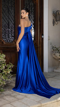 Load image into Gallery viewer, Wholesale Satin Off-Shoulder Evening Gown with Floral Appliqué &amp; Draped Train Formal Dress By LA2175