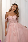Load image into Gallery viewer, Wholesale Off Shoulder A-Line Prom Dress Glitter Tulle Lace Appliqué Corset Back by LA2176