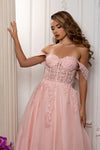 Load image into Gallery viewer, Wholesale Off Shoulder A-Line Prom Dress Glitter Tulle Lace Appliqué Corset Back by LA2176
