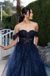 Load image into Gallery viewer, Wholesale Off Shoulder A-Line Prom Dress Glitter Tulle Lace Appliqué Corset Back by LA2176