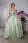 Load image into Gallery viewer, Wholesale Off Shoulder A-Line Prom Dress Glitter Tulle Lace Appliqué Corset Back by LA2176 - SAGE - Prom Dress LA Merchandise