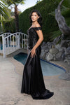 Load image into Gallery viewer, Wholesale Off-Shoulder Sequin Lace Satin Evening Gown with Corset Back &amp; Drape Skirt by LA2177 - BLACK - Prom Dress LA Merchandise