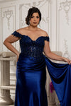 Load image into Gallery viewer, Wholesale Off-Shoulder Sequin Lace Satin Evening Gown with Corset Back &amp; Drape Skirt by LA2177 - - Prom Dress LA Merchandise