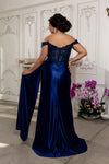 Load image into Gallery viewer, Wholesale Off-Shoulder Sequin Lace Satin Evening Gown with Corset Back &amp; Drape Skirt by LA2177 - - Prom Dress LA Merchandise