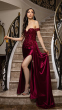 Load image into Gallery viewer, Wholesale Off-Shoulder Sequin Appliqué Satin Evening Gown Formal Dress By LA2179