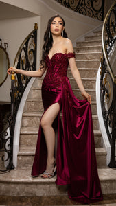 Wholesale Off-Shoulder Sequin Appliqué Satin Evening Gown Formal Dress By LA2179