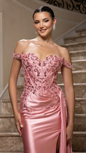Load image into Gallery viewer, Wholesale Off-Shoulder Sequin Appliqué Satin Evening Gown Formal Dress By LA2179