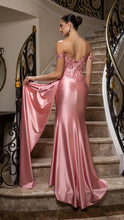 Load image into Gallery viewer, Wholesale Off-Shoulder Sequin Appliqué Satin Evening Gown Formal Dress By LA2179